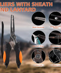 Fishing pliers with sheath and lanyard details from All In One Fishing Backpack With Rod Holder And Tackle Boxes 113 Piece Gear Kit