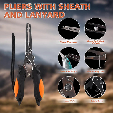 Fishing pliers with sheath and lanyard details from All In One Fishing Backpack With Rod Holder And Tackle Boxes 113 Piece Gear Kit