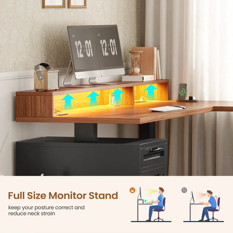 Farmhouse L Shaped Standing Desk With Height Adjustable Sit Stand Layout 70.1 By 73.2 Inches Built In Drawers And Power Outlet Monitor Stand And LED Lights Cable Management Large Black Home Office Desk Workhorse with monitors displayed.