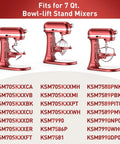Red KitchenAid stand mixers for 7Qt models, compatible with KSM70SKXXCA and others, showcasing various attachments.