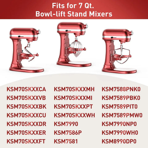 Red KitchenAid stand mixers for 7Qt models, compatible with KSM70SKXXCA and others, showcasing various attachments.