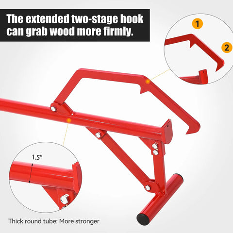 51 Inch Timberjack Adjustable Log Lifter And Heavy Duty Steel Log Roller Cant Hook Tool With 11 Inch Non Slip Grip Handle in red, side view