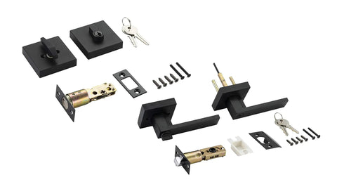 Contemporary Square Entry Lever Door Handle Set With Single Cylinder Deadbolt Reversible For Left Or Right Doors Heavy Duty Iron Black Finish For Front Door Or Office Use, disassembled parts and keys on white background.