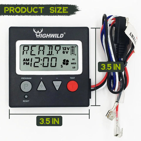 Universal 6V And 12V Game Feeder Digital Timer with 8 daily feed times, 3.5-inch size, adjustable feed rate.