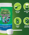 Drain Clog Remover Powder For Kitchen And Bath, Breaks Up Grease Paper Fat And Oil, Septic Safe, easy scoop and resealable jar