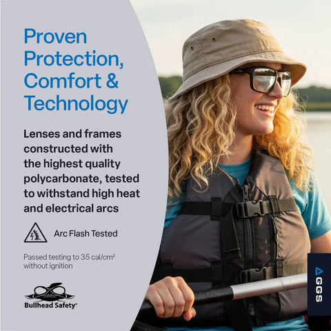 Sleek Lightweight Safety Glasses With No Sweat Anti Fog And Scratch Resistant Lenses Non Slip Sport Frame For Work Shooting Range Weekend Diy And Backyard Grinds Crisp UV Block worn by woman in a life vest outdoors.