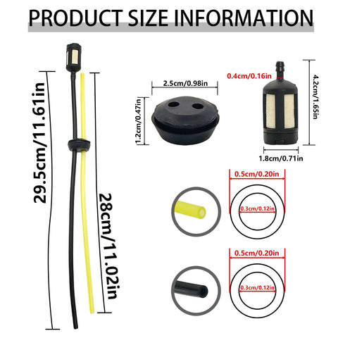 Product size diagram of Oil Filter Replacement Kit With Fuel Tank Cap For One Fifth And One Sixth RC Cars.