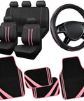 Waterproof Car Seat Covers Full Set With Anti Slip Leather Steering Wheel Cover And Floor Mats Universal Fit For SUVs Vans Trucks Sedans And Cars Women Girls Black And Pink Combo Style