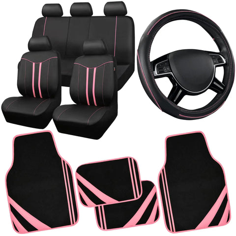 Waterproof Car Seat Covers Full Set With Anti Slip Leather Steering Wheel Cover And Floor Mats Universal Fit For SUVs Vans Trucks Sedans And Cars Women Girls Black And Pink Combo Style