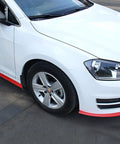 White car with Universal Car Front Bumper Protector Self Adhesive Rubber Lip Spoiler Trim Guard Heavy Duty 2.5M red installed.