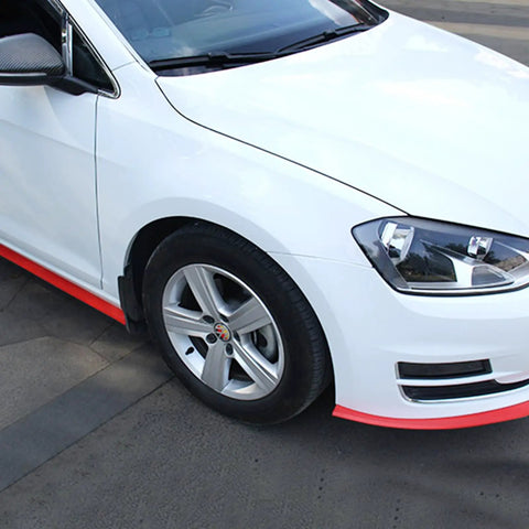 White car with Universal Car Front Bumper Protector Self Adhesive Rubber Lip Spoiler Trim Guard Heavy Duty 2.5M red installed.