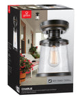 Charlie One Light Outdoor Indoor Semi Flush Mount Ceiling Light in Oil Rubbed Bronze with Clear Seeded Glass Shade Weather Resistant Bulb Not Included on product packaging.