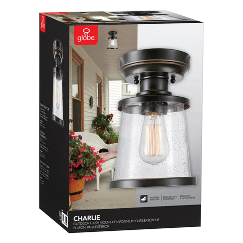 Charlie One Light Outdoor Indoor Semi Flush Mount Ceiling Light in Oil Rubbed Bronze with Clear Seeded Glass Shade Weather Resistant Bulb Not Included on product packaging.