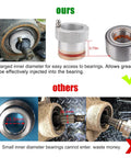 Comparison of 4 Piece Wheel Bearing Greaser Tools Set showing larger diameter fitting for Polaris Ranger and Can Am Maverick X3.