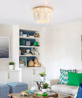 Boho Bohemia Wood Beaded Flush Mount Ceiling Light Three Light Fixture With White Finish in a stylish living room scene