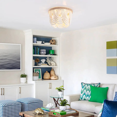 Boho Bohemia Wood Beaded Flush Mount Ceiling Light Three Light Fixture With White Finish in a stylish living room scene