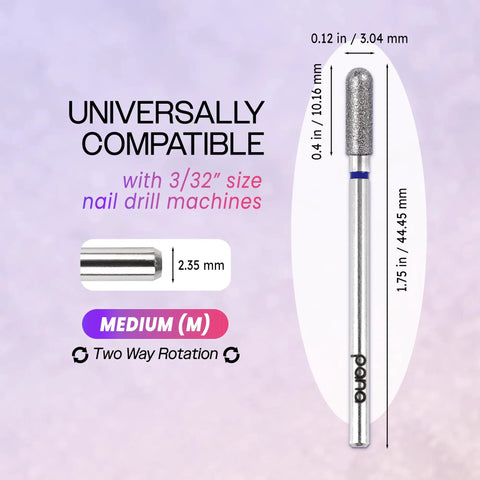 Diamond Carbide Safety Nail Drill Bit Three Thirty Second Inch Shank Style 08 Medium Grit, close-up with dimensions and label.