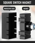 4 Pack Square Limit Switch Magnets for Automatic Sliding Gates and Gate Openers, shown with protective case and bolt.