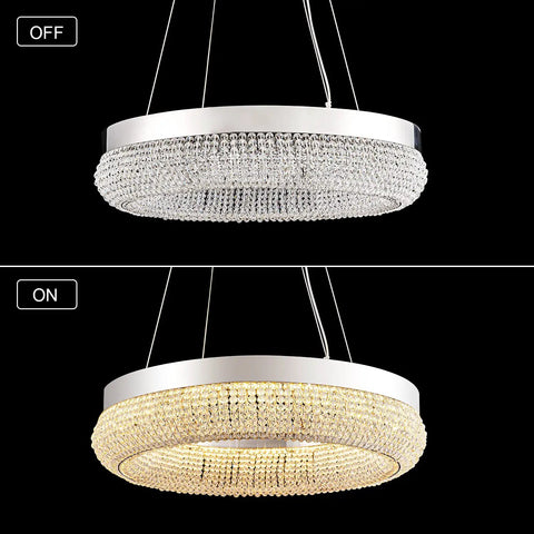 Modern Crystal Chandelier Ceiling Lights Fixture Pendant Lighting Orb Ring Chandelier Contemporary Hanging Ceiling Light with Adjustable Stainless Steel Cable shown in off and on states