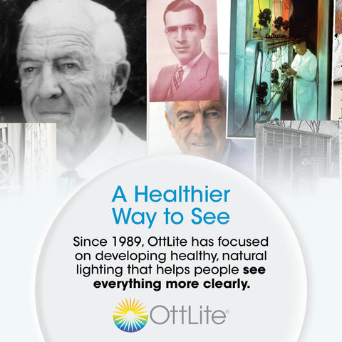 OttLite's history collage and mission statement on improved lighting since 1989 for clear visibility