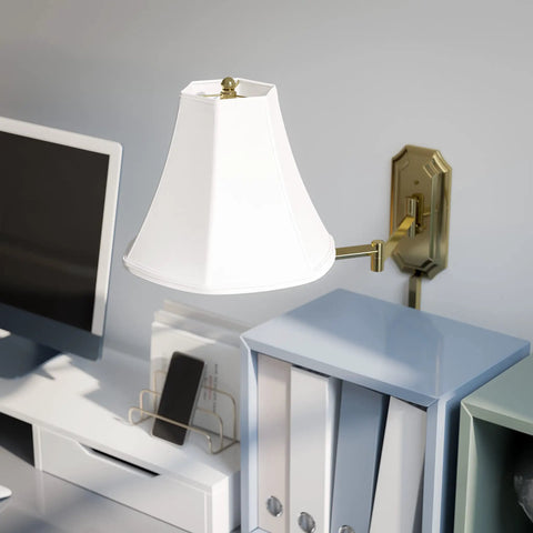 Polished Brass Wall Swing Arm Lamp With Off White Fabric Shade Delivers Classic Vibe And Traditional Style 15 Inch Height 25 Inch Width 24 Inch Depth 3 Way Dimmable Ambient Lighting For Hallways Desks And Reading Nooks in modern office setup.
