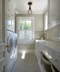 Industrial Farmhouse Style Ceiling Light With Pull Chain One Light Black Semi Flush Mount in laundry room