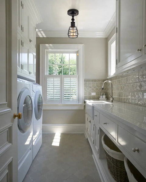 Industrial Farmhouse Style Ceiling Light With Pull Chain One Light Black Semi Flush Mount in laundry room