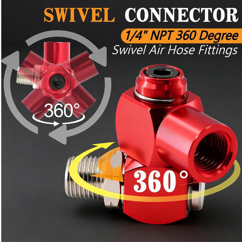 Beefed Up Quick Connect Hose Fittings Kit For Air Compressors 1/4 Inch NPT With 360 Degree Swivel Couplers And Plugs 22 Piece Set Includes Nipples Teflon Tape For Pro DIY Air Tool Setup red 1/4 NPT swivel connector