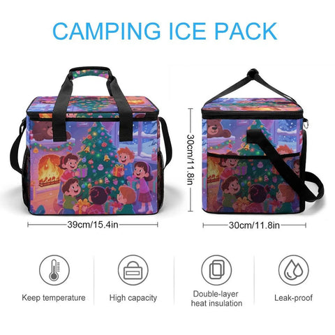Insulated Picnic Backpack Cooler with 30L Capacity decorated with festive holiday design, shown with handle and dimensions