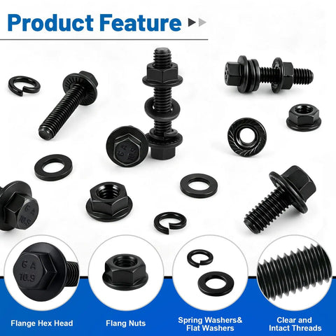 250 Piece M8 Flange Head Bolt Kit With Hex Bolts Nuts And Washers, M8-1.25 X 16/20/25/30 Mm Metric Fasteners, Black Zinc Galvanized