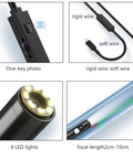 Close-up of 8 LED lights and control features on 7.9mm Industrial Borescope With LED Lights For Dark Areas Leak Detection And HVAC Duct Inspection Tool Pro Grade Ultra Lightweight Built To Last Easy To Carry Dual Lens 1920x1440 High Resolution Imaging.