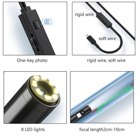 Close-up of 8 LED lights and control features on 7.9mm Industrial Borescope With LED Lights For Dark Areas Leak Detection And HVAC Duct Inspection Tool Pro Grade Ultra Lightweight Built To Last Easy To Carry Dual Lens 1920x1440 High Resolution Imaging.
