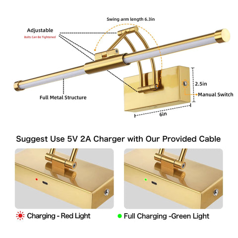 24 Inch Picture Light For Wall With 8000mAh Rechargeable Battery Wireless LED Light, brass finish and charging indicators