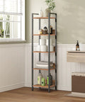 Keep Your Home Looking Fresh With This Five Tier Bookshelf, Tough As Nails Metal Standing Shelves For Tight Spaces, Rustic Brown And Black Storage Organizer That Always Delivers, showcasing five tier design in bathroom.