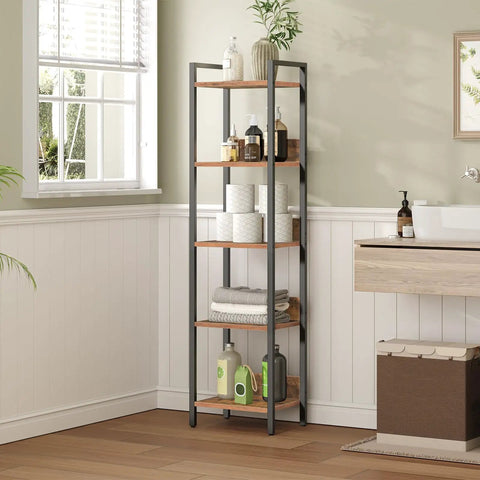Keep Your Home Looking Fresh With This Five Tier Bookshelf, Tough As Nails Metal Standing Shelves For Tight Spaces, Rustic Brown And Black Storage Organizer That Always Delivers, showcasing five tier design in bathroom.