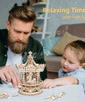 3D Wooden Puzzle Music Box Kit Mechanical MerryGoRound Model Build For Teens And Adults Wind Up Carousel Waltz Tunes Exquisite Display Piece For Family Rooms Totally Fun DIY Gift Idea, wooden carousel on table