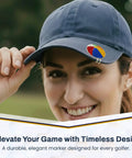 Smiling golfer wearing cap with Beach Ball Crystal Golf Marker For Putting Green, Premium 1 Inch Ball Marker clip-on