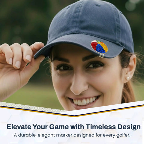 Smiling golfer wearing cap with Beach Ball Crystal Golf Marker For Putting Green, Premium 1 Inch Ball Marker clip-on