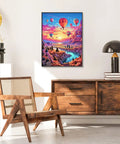 Framed Hot Air Balloon Diamond Painting Kit For Beginners, 5D Sunset Landscape With Mountains And Lake on living room wall