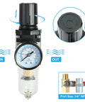 Front view of Hromee 1/4 in air compressor filter-regulator with gauge, water/oil separator, manual drain and bracket