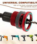 Badass Seven Piece Countersink Drill Bits Kit Featuring Four Flute HSS Tapered Heads And Adjustable Aluminum Depth Stop Collar For Sweet Softwood Cutting Plus Hex Shank Adapter and a red adjustable collar.
