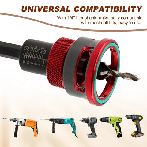 Badass Seven Piece Countersink Drill Bits Kit Featuring Four Flute HSS Tapered Heads And Adjustable Aluminum Depth Stop Collar For Sweet Softwood Cutting Plus Hex Shank Adapter and a red adjustable collar.