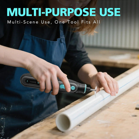 Person using Ready To Rock 101 Piece Mini Cordless Rotary Tool Kit Featuring 4V High Torque Motor for precision work on a PVC pipe.