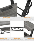 Close-up of Music Studio Desk Production Workstation With Built In Power Outlet And USB Hub For Recording, grey oak finish, details.