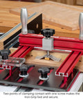 Iron Grip Coping Sled for Router Table with Upgraded Stiffer Base and Large Fence Guide, showing the rugged clamp detail.