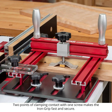 Iron Grip Coping Sled for Router Table with Upgraded Stiffer Base and Large Fence Guide, showing the rugged clamp detail.