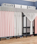 Hella Spacious Portable Fabric Wardrobe With Secure Hanging Rail And Extra Shelves Slick Clothes Closet Storage Organizer For Bedroom And Home Office Quick Setup with pink curtains and shoes.