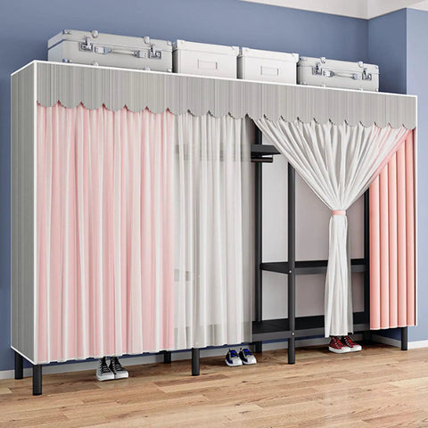 Hella Spacious Portable Fabric Wardrobe With Secure Hanging Rail And Extra Shelves Slick Clothes Closet Storage Organizer For Bedroom And Home Office Quick Setup with pink curtains and shoes.