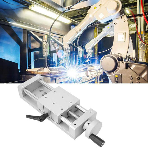 Ultra Smooth Low Friction Aluminum Linear Stage Table With 100mm Travel in a robotic welding setup.