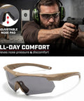 Outdoor Safety Shooting Glasses Anti Fog Tactical Goggles With 3 Interchangeable Lenses and Hard Case Lightweight Durable PC Frame Scratch Resistant All Day Comfort For Men And Women Khaki shown in action and close-up views, featuring adjustable nose pad.